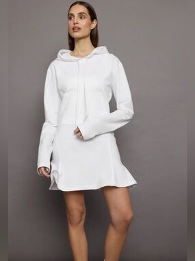 Norma Kamali hooded fishtail mini dress white flare long sleeve